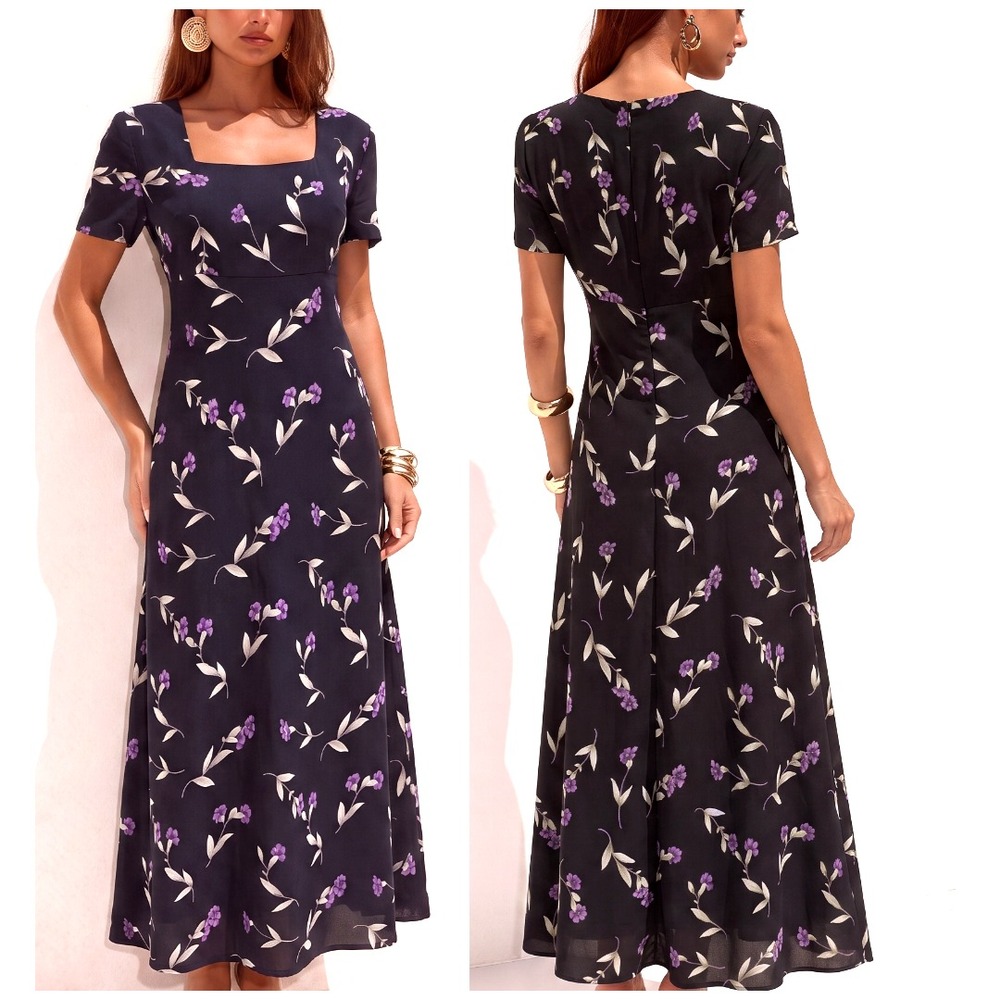 Y2k Donna Ricco Maxi Empire dress 8 Black floral purple Whimsigoth Vampy Witchy